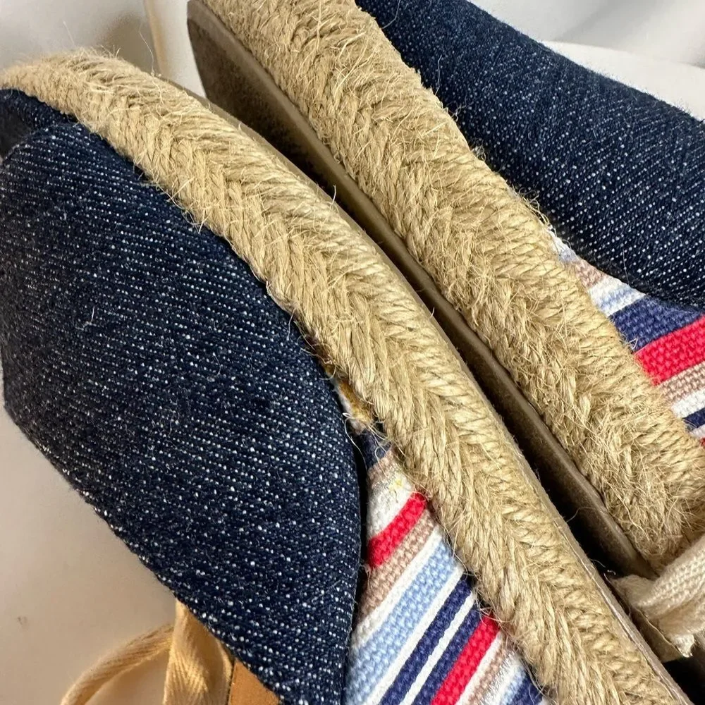Charming Charlie Denim Espadrille Red/Blue/white Striped Wedge Sandals Size 9
